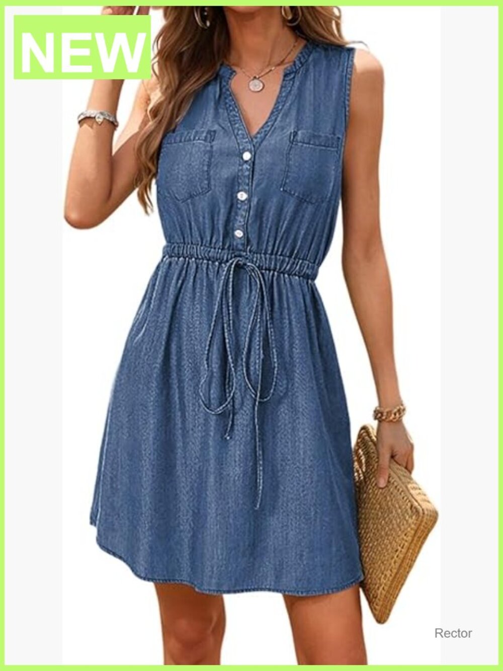 Women's Sleeveless Button Down Denim Dress with Drawstring